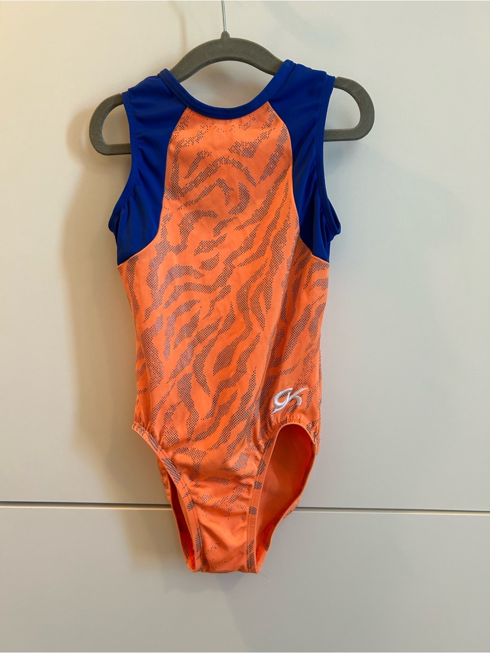 GK Elite Orange & Royal Blue Tiger Print Leotard - CM Child’s Medium